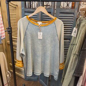 Sage + Fig Boho Waffle-Knit Dusty Blue Colorblock Raglan Top